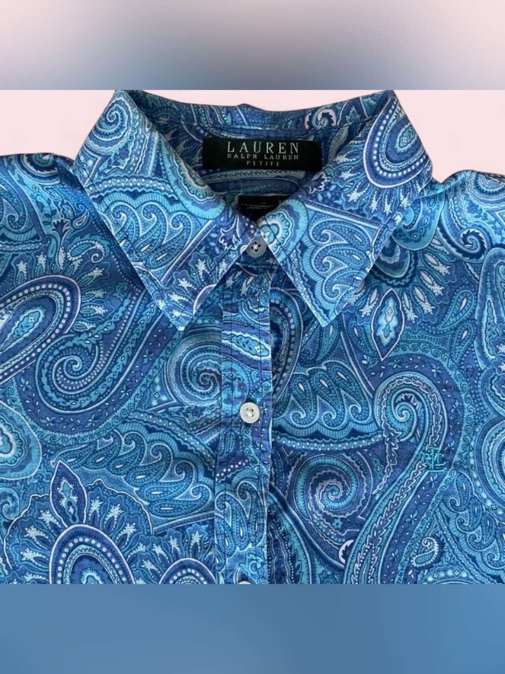 Vintage Y2K Ralph Lauren Petite Small Blue Paisley 100% Cotton Button-Up Shirt
